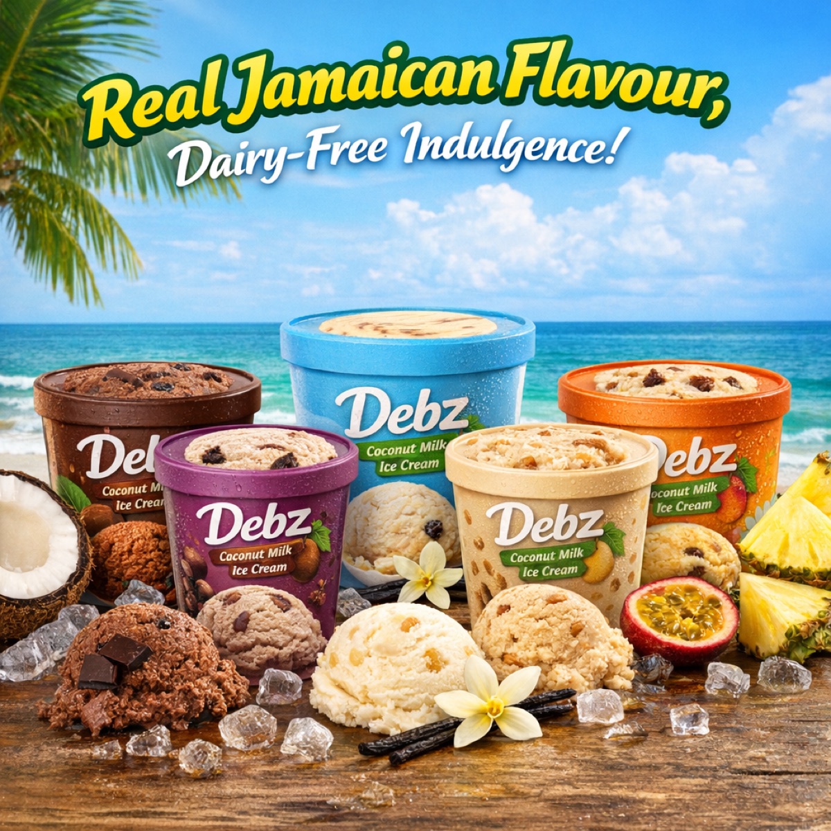 Five Debz coconut-milk ice cream tubs with scoops, coconut and pineapple on a beach, under the headline Real Jamaican Flavour, Dairy-Free Indulgence