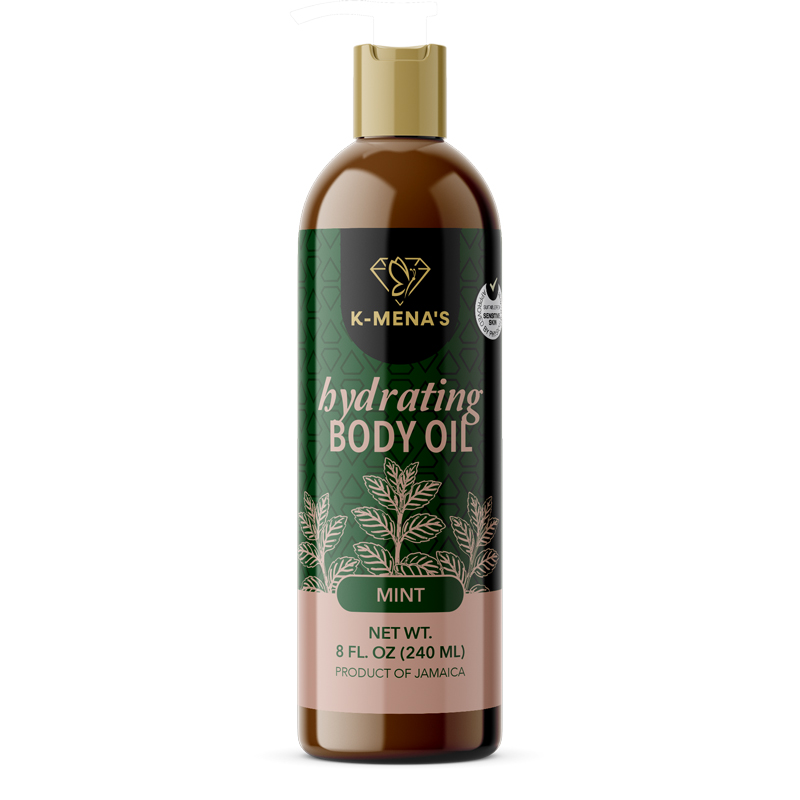 K-Mena’s mint hydrating body oil with a gold pump and green product label
