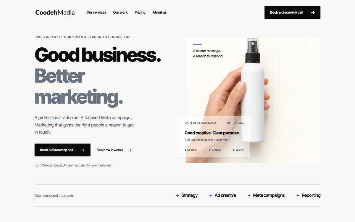 Coodeh Media home page with the headline Good business. Better marketing.