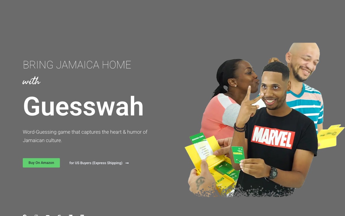 GuessWah home page with the headline Bring Jamaica home with Guesswah and a Buy on Amazon button