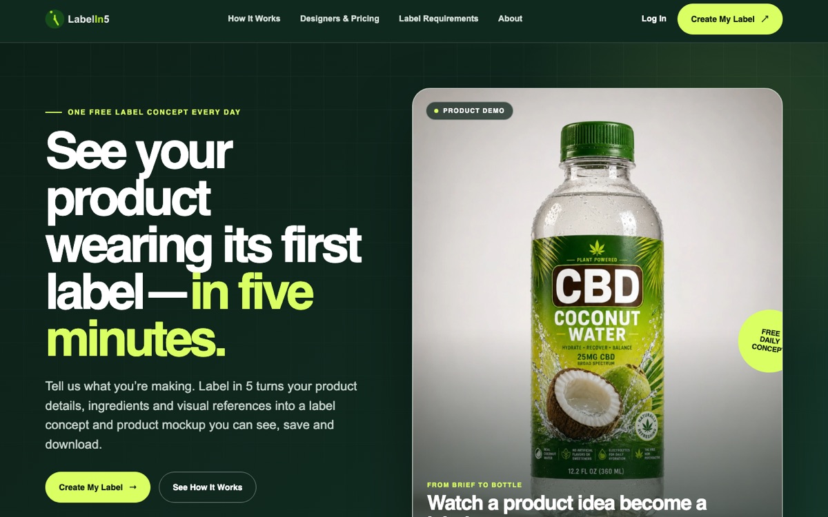 Label in 5 home page with the headline See your product wearing its first label, in five minutes
